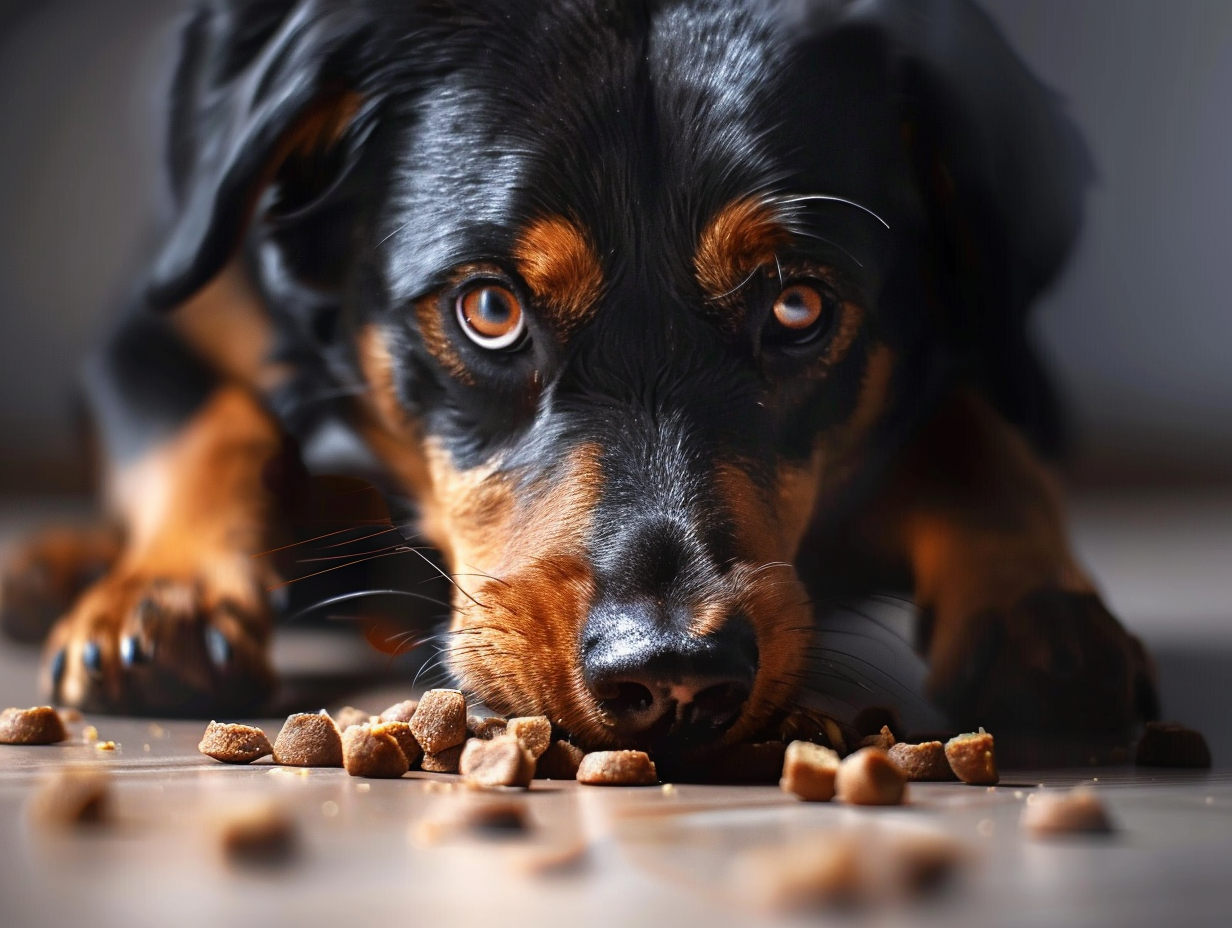 a photo of a dog not chewing his food and eating very quickly