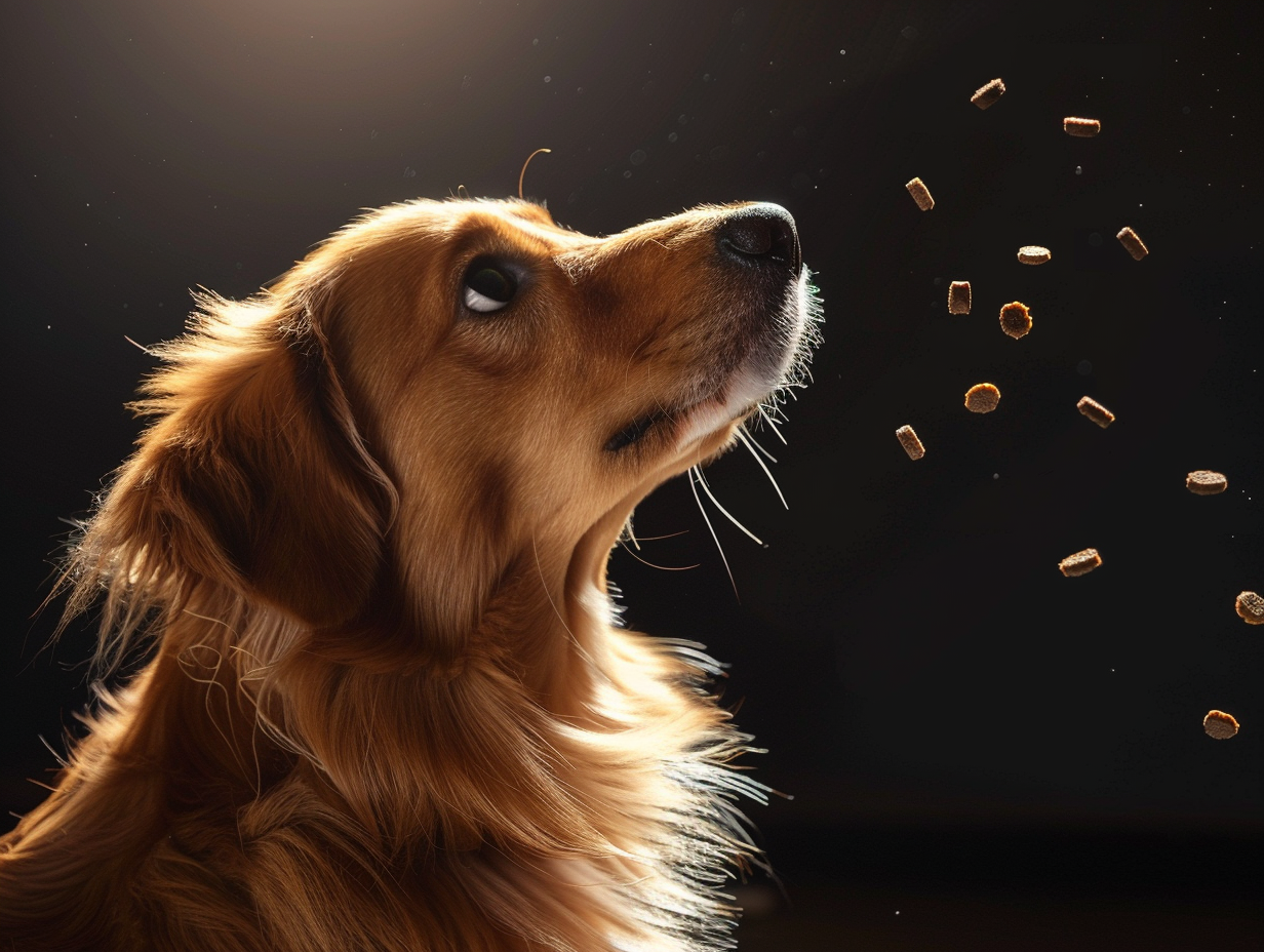 a photo of a dog wondering how long dry dog food can sit out before it goes bad