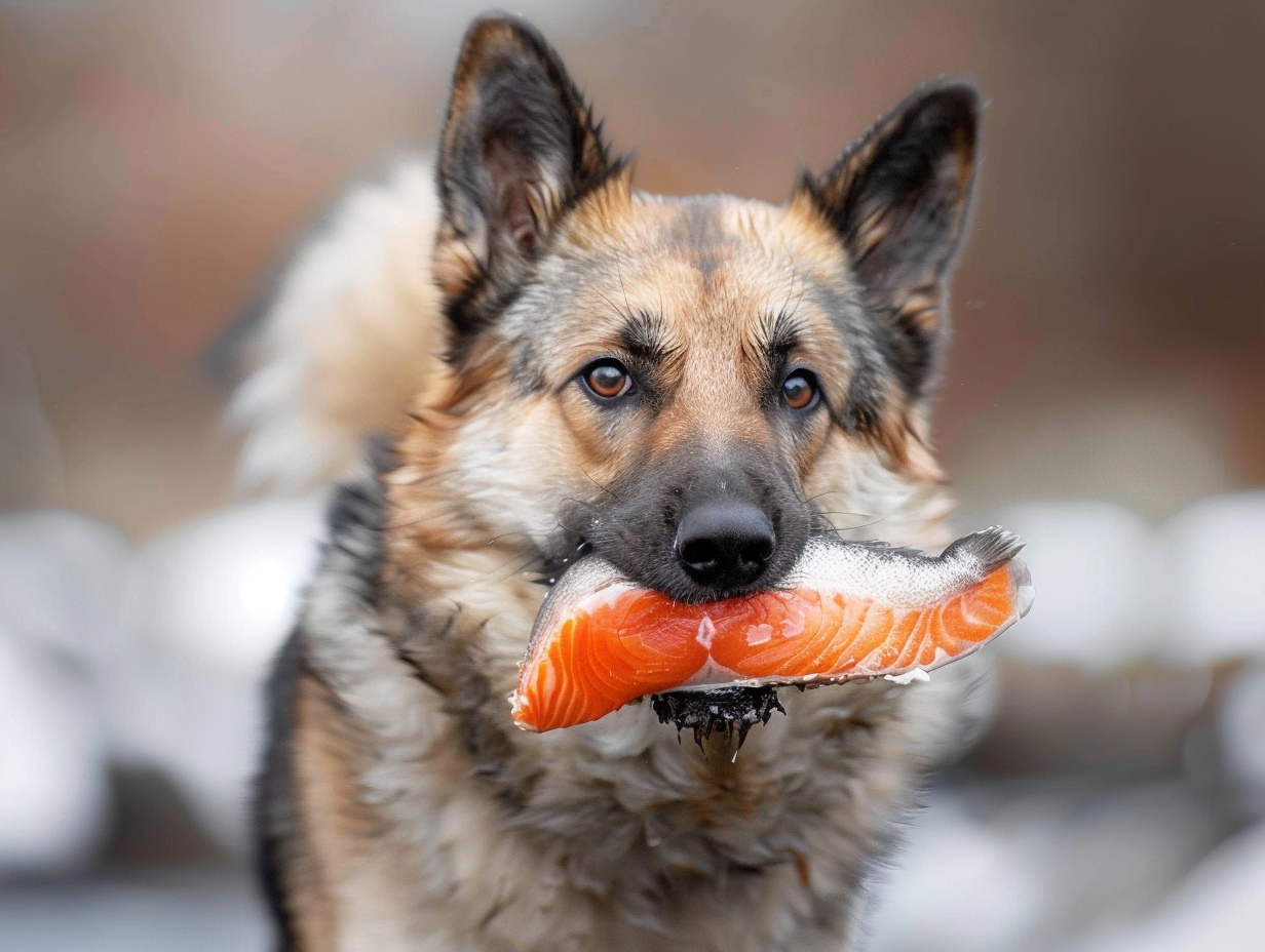 a photo of a german shepherd with a filet of salmon in its mouth