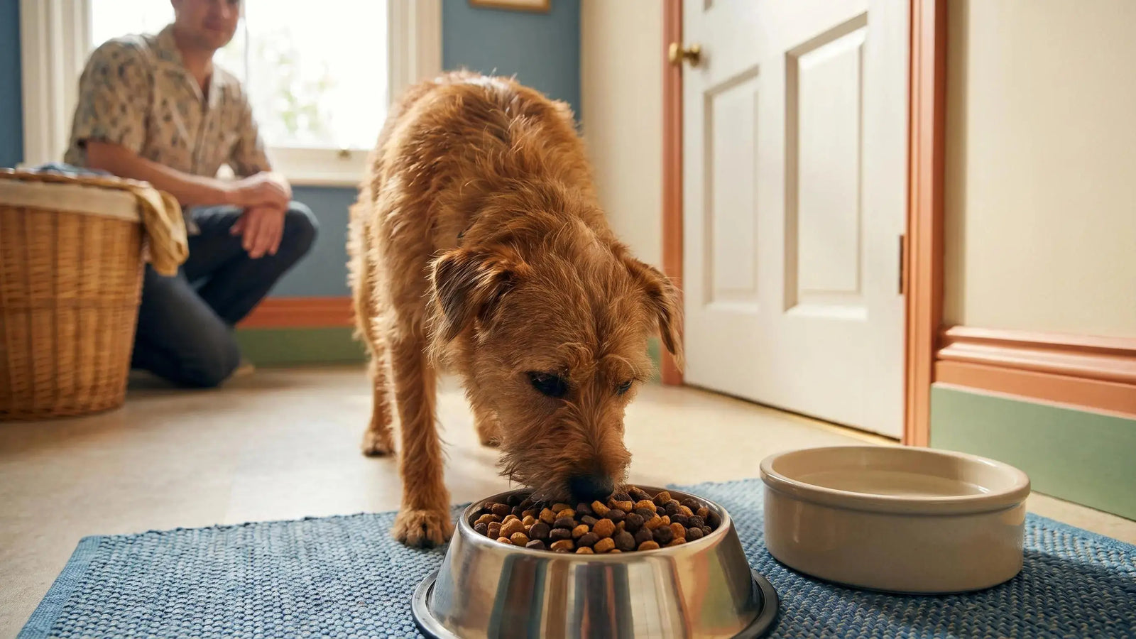 How long does it take a dog to adjust to new food? Dog eating from a food bowl