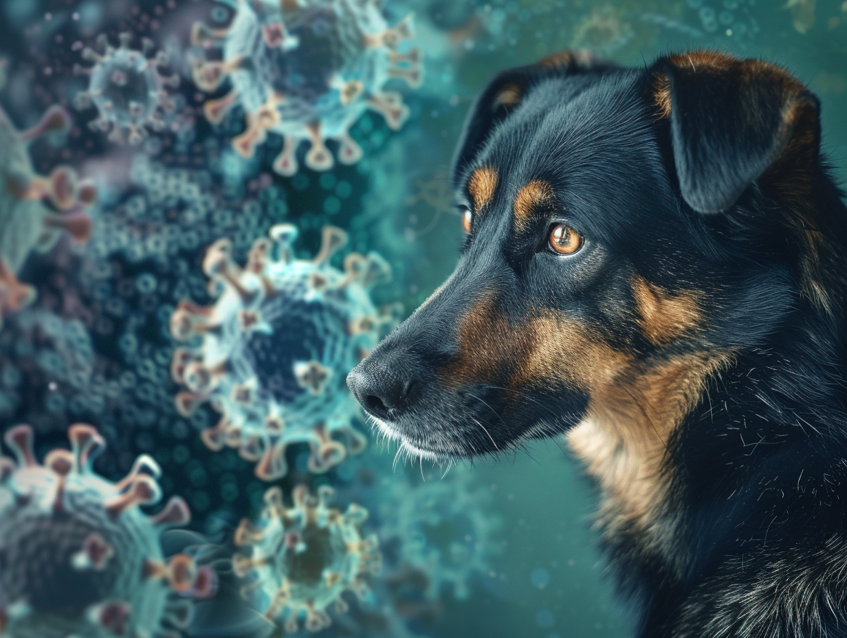 image of a dog with a background of Bordetella in the background