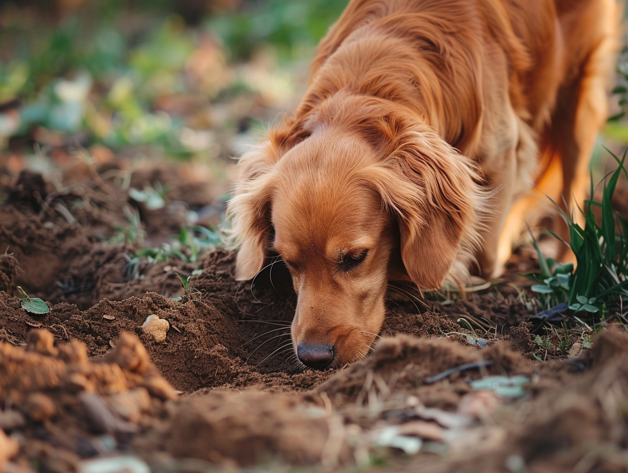 photo of a dog actively burying its food 