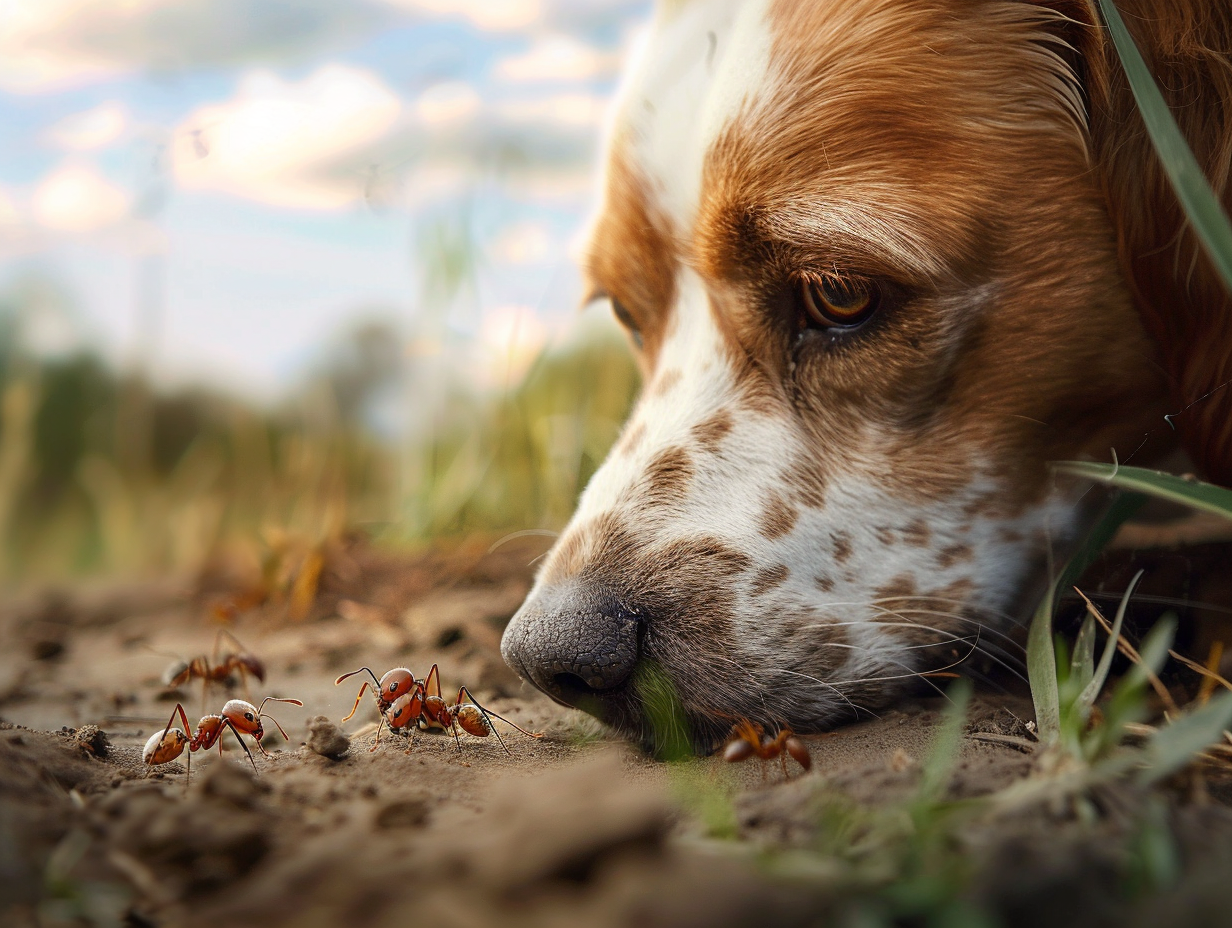 photo of a dog looking at ants on the ground